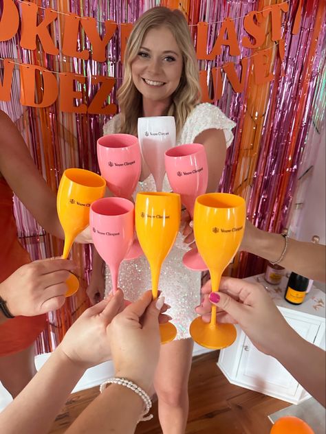 Different Bachelorette Party Ideas, Vueve Bachelorette Theme, Hot Pink And Orange Bachelorette Party, Vueve Before Vows Bachelorette, Veuve Bachelorette Theme, Orange Bachelorette Theme, Pink And Orange Hens Party, Vueve Champagne Bachelorette, Bachelorette Veuve Theme