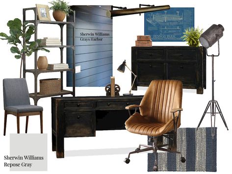 Hubby’s Office Space / Masculine office space including blue shiplap, a black desk, leather office chair, and masculine decor. #officedesign #officedecor #office Masculine Office Chair, Blue Office Black Desk, Masculine Bedroom With Desk, Masculine Office Desk, Masculine Office Desks, Top Of Desk Decor, Home Office With Black Desk, Office Black Desk, Masculine Office Space