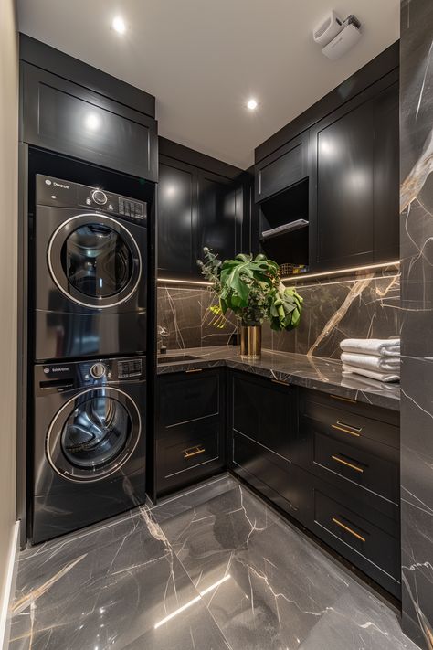 Luxurious Laundry Room Ideas, Walk In Pantry Laundry Room Combo, Upstairs Laundry Room Ideas, Room Black Aesthetic, Modern Laundry Rooms Luxury, Dream Laundry Room Luxury, Corner Laundry Room Ideas, Stackable Laundry Room Ideas, Black Laundry Room Ideas