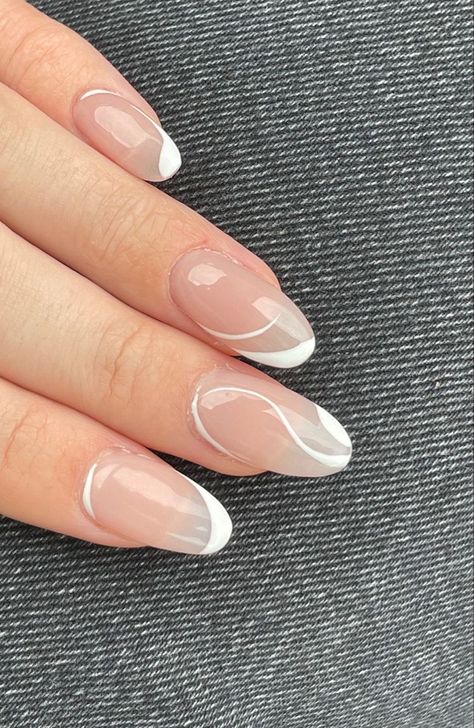 Almond Nails For School, Nail Inspo Swirl, Gel Nails For School, Swirl Nails Almond, School Nails Almond, Debs Makeup, Acrylic Nail Inspiration, Nails For School, White Tip Nails