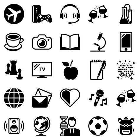 Set of simple icons on a theme Hobbies, entertainment, vector, design, collection, flat, sign, symbol,element, object, illustration. Black icons isolated against white background Hobby Aesthetic, Object Illustration, Life Of Walter Mitty, Bond Paper Design, Flat Design Icons, Entertainment Logo, Element Symbols, Design Basics, Digital Art Beginner