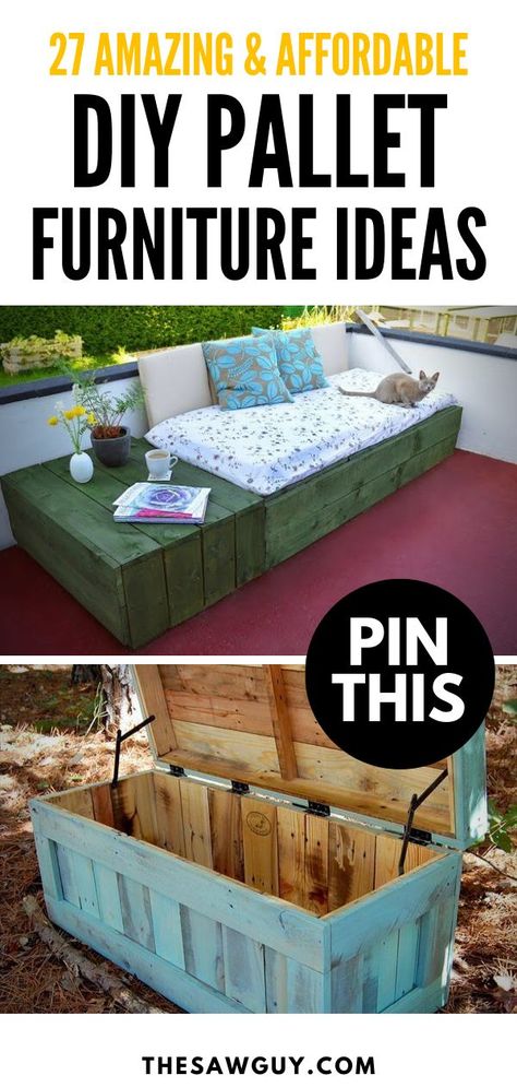 Looking for some DIY projects to take on for the weekend?  We put together a list of amazing yet affordable DIY pallet furniture ideas for all you DIY enthusiasts out there. Click on!  #thesawguy #patioideas #palletfurniture #palletprojects #furnitureideas #affordablefurniture #diyprojects Diy Pallet Decoration, Pallet Decoration Ideas, Pallet Furniture Ideas, Diy Wood Pallet Projects, Pallet Projects Easy, Pallet Garden Furniture, Pallet Projects Furniture, Pallet Ideas Easy, Pallet Decor