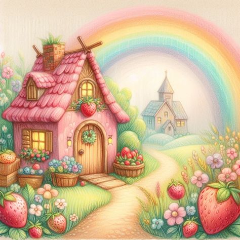 Fairy House Drawing Cottages, Strawberry Room, Fairy House Drawing, Coloured Pictures, Colored Houses, Whimsical Houses, Enchanted Home, Happy House, House Drawing