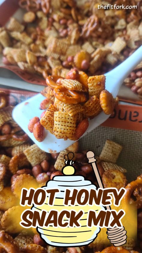 Like Chex Mix, but homemade and super addictive! Whip up a big batch of this salty, spicy-sweet  snacking treat with your favorite pretzels, crackers and nuts. Use gluten-free or seeds, if needed! Hot Honey Snack Mix is 0erfect for parties, lunch boxes, movie night, road trip munching – plus, it’s as economical as it is delicious! Gluten Free Snack Mix Ideas, Pretzel Snack Mix Recipe, Healthy Chex Mix, Gluten Free Snack Mix, Healthy Snack Mix, Sweet Chex Mix, Honey Snacks, Work Snacks, Homemade Chex Mix