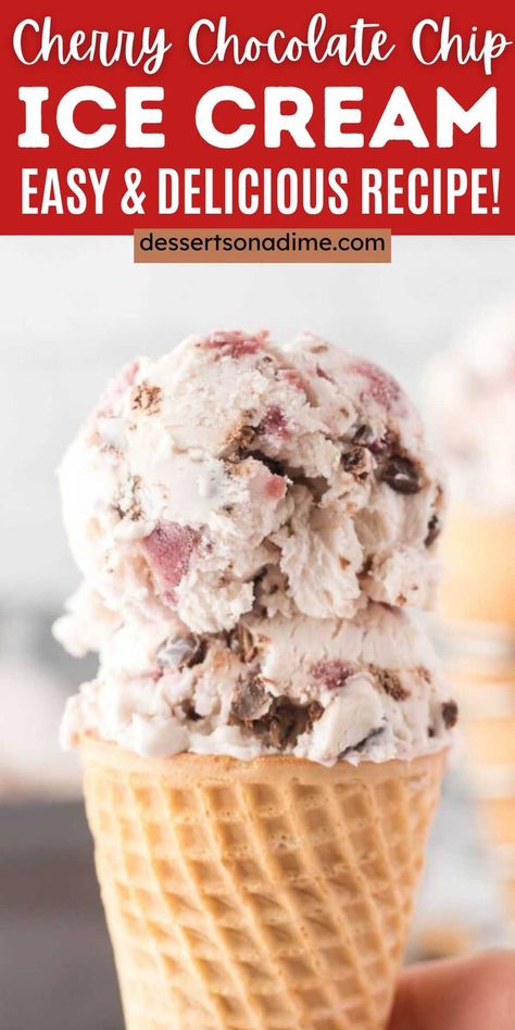 No churn Cherry Chocolate Chip Ice Cream is packed with sweet cherries, rich chocolate and absolutely delicious. No ice cream maker needed for this delicious ice cream. This decadent ice cream recipe is a tasty combination of cherries and chocolate with a sweet and creamy ice cream base. The recipe only calls for 5 ingredients and it couldn't be any easier. #dessertsonadime #cherrychocolatechipicecream #nochurnicecream Cherry Chocolate Chip Ice Cream, No Egg Ice Cream Recipe, Chocolate Cherry Ice Cream, Kitchenaid Ice Cream Maker, Creamy Ice Cream, Easy Homemade Ice Cream, Cherry Ice Cream, Ice Cream Stand, Ice Cream Maker Recipes