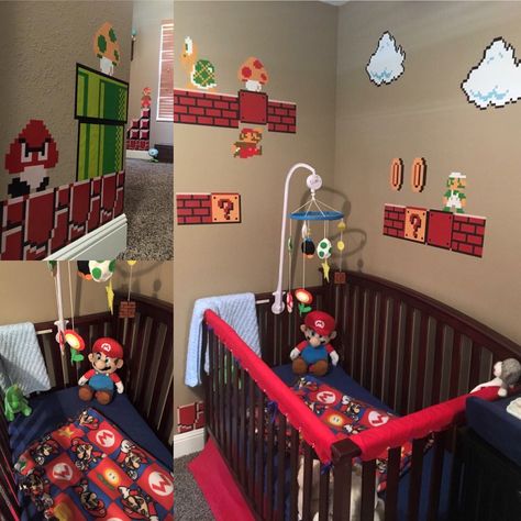 Gaming Nursery, Gamer Nursery, Super Mario Nursery, Mario Nursery, Mario Bros Room, Gamer Room Diy, Mario Room, Nerdy Decor, Gamer Design