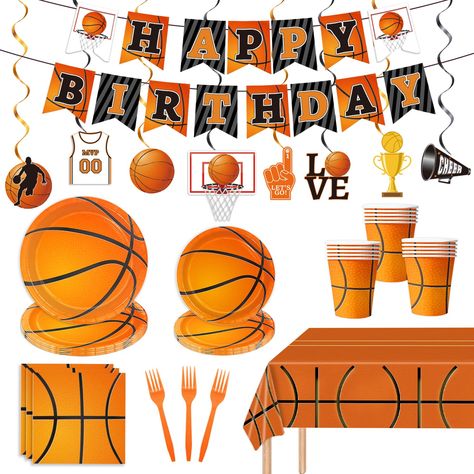 PRICES MAY VARY. 𝐏𝐚𝐜𝐤𝐚𝐠𝐞 𝐂𝐨𝐧𝐭𝐞𝐧𝐭𝐬 : This basketball party supplies include 130 pieces of basketball party supplies, including a basketball theme banner adorned with 2 rolls of ribbons, 8 basketball hanging swirls, 1 basketball tablecloth, and 24 sets of tableware, including plates, dessert plates, paper cups, napkins, and forks. Our basketball party decorations are designed to meet all your party decor needs. 𝐂𝐥𝐚𝐬𝐬𝐢𝐜 𝐁𝐚𝐬𝐤𝐞𝐭𝐛𝐚𝐥𝐥 𝐃𝐞𝐬𝐢𝐠𝐧𝐬 : Get ready to score Basketball Birthday Party Decorations, Basketball Theme Birthday Party, Happy Birthday Basketball, Basketball Themed Birthday Party, Basketball Party Decorations, Basketball Theme Birthday, Basketball Birthday Party, Basketball Designs, Basketball Baby Shower