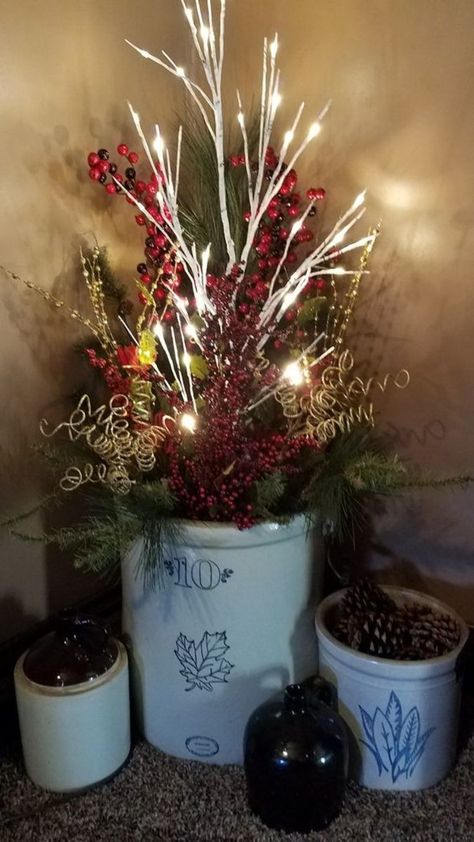 Crock Pot Decor Ideas, Christmas Decor With Crocks, Crock Christmas Decor, Vintage Crocks Decorating With, Christmas Crock Decorating Ideas, Coal Bucket Ideas Decor, Crocks Decor Ideas Farmhouse Style, Milk Can Christmas Decor Ideas, Large Crock Decorating Ideas