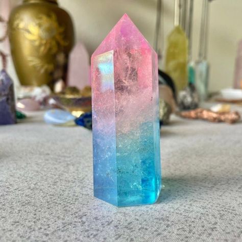 You Will Receive One Pink & Blue Aura Quartz Crystal Tower. Each Point Is A Similar Size And Color As Shown In The Photo. Please Allow For Some Variation In Shape And Color, As This Is Naturally Occurring. Aura Coating May Have Surface Blemishes. This Specimen Would Be A Beautiful Addition To An Altar And Meditation Space. Blue Aura Quartz, Crystal Rocks, Blue Cotton Candy, Aura Quartz Crystal, Cute School Stationary, Blue Aura, Dreamy Artwork, Crystal Power, Aura Crystals