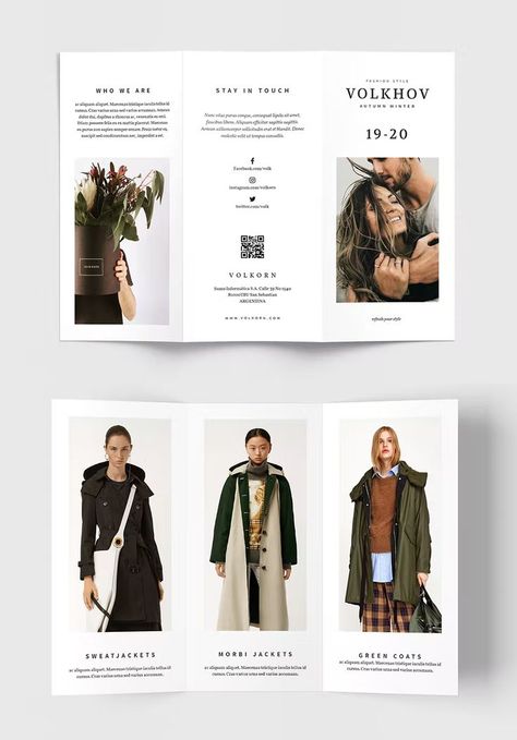 Fashion Trifold Brochure Template INDD, IDML Fashion Show Brochure Design, Fashion Trifold Brochure, Brocher Design Aesthetic, Broucher Ideas Design Aesthetic, Fashion Pamphlet Design, Fashion Leaflet Design, Apparel Catalog Design, Fashion Broucher, Brochure Design Fashion