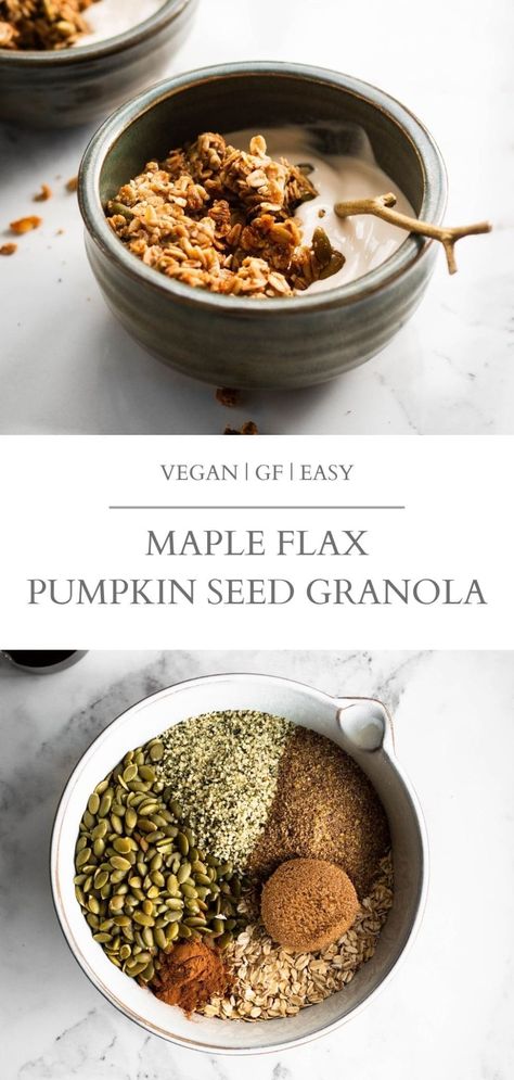 A sweet maple flax pumpkin seed granola with big clumps. This granola is packed with oats and seeds and flavored with a hint of cinnamon and vanilla. It's also vegan and can easily be made gluten-free with gluten-free oats. | Nourished by Caroline #vegan #vegetarian #granola #breakfast #veganbreakfast #glutenfree #glutenfreebreakfast #healthyrecipes #healthybreakfast #breakfastrecipes #nutfree Granola With Pumpkin Seeds, Seed Cycling Granola, Low Calorie Granola Recipe, Pumpkin Flax Granola, Pumpkin Seed Granola, Low Calorie Granola, Vegan Granola Recipe, Flax Granola, Seed Granola