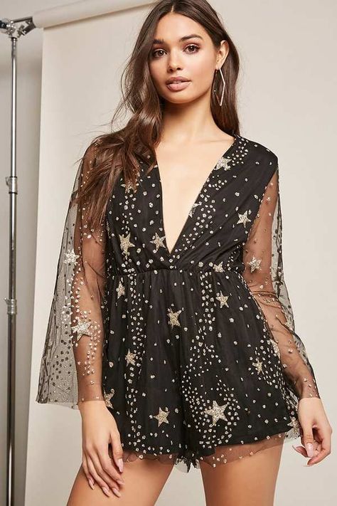 FOREVER 21 Sheer Mesh Star Glitter Romper Midnight Rain Outfit Aesthetic, Sparkly Romper Outfit, Celestial Concert Outfit, Pop Star Outfit Ideas, Midnight Era Outfits, Black Sparkly Romper, Taylor Eras Tour Outfits, Eras Tour Outfits Midnights, Sparkly Romper