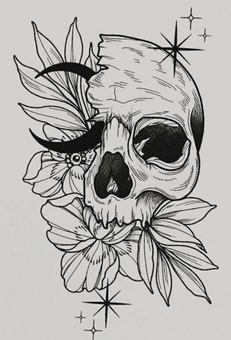 Cool Spooky Drawings, Moon Spider Web Tattoo, Skull And Flower Drawing, Skull Flower Drawing, Art Sketches Tattoo Design, Skull Tattoos Simple, Skull With Flowers Drawing, Skull Design Drawing, Skull Sketch Tattoo