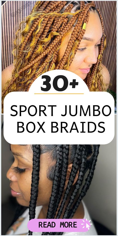 Upgrade your hairstyle with chic jumbo box braids that effortlessly blend style and practicality. Perfect for an active lifestyle, these sporty braids provide a trendy and athletic appearance that is versatile and easy to maintain. Stay on top of your game whether you're hitting the gym or tackling your daily tasks. Embrace an athletic chic look with these fashionable braids! 15 Box Braids Hairstyles, Mixed Hair Braided Hairstyles, Huge Box Braids, Long Braided Hairstyles For Black Women, Large Box Braids Styles, Sporty Braids, Big Braid Styles, Braids Easy Hairstyles, Jumbo Box Braids Styles