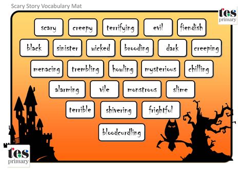 Vocabulary mats with a scary/Halloween theme. 24 themed words included. One mat uses a 'spooky' style font while the other uses Sassoon. Another Word For Great, Spooky Words, Adjectives Activities, Scary Words, List Of Adjectives, Describing Words, Halloween Crafts Preschool, 3rd Grade Writing, Spooky Style