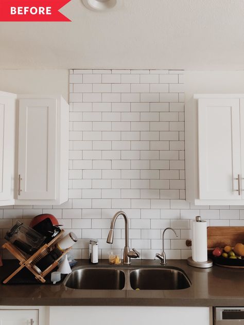 Raising Upper Kitchen Cabinets Up to the Ceiling - Before & After | Kitchn Open Shelf Over Sink, Kitchen With Shelves Above Sink, Open Shelves Over Kitchen Sink, Kitchen Shelves Above Sink, Open Shelves Above Sink, Floating Shelves Above Sink, Shelf Above Sink Kitchen, Shelf Over Sink Kitchen, Floating Shelves Above Kitchen Sink