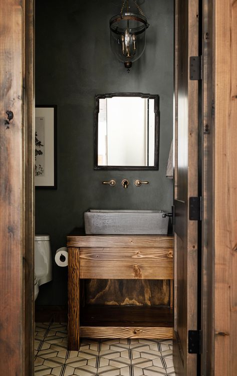 At Home in the Cascades: Jessica Nelson Designs a Weekend Home for a Family of Four | Rue Mountain Bathroom, Moody Bathroom, Ann Sacks Tile, Custom Front Doors, Cabin Bathrooms, Ann Sacks, Modern Mountain Home, Modern Mountain, Powder Bath