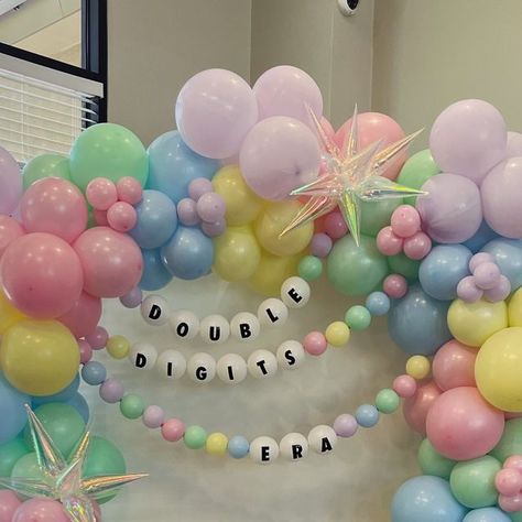 Celina Alday on Instagram: "Double Digits Era #balloondisplay #taylorswiftbirthdayparty #swiftyballoons #marana #eventdecor #pastelballoons" Double Digits Era, Double Digits Era Party, Double Digit Era Birthday, In My Double Digits Era, Double Digits Birthday Ideas, Double Digit Birthday Ideas, Double Digit Birthday, Swift Party, Birthday Backdrops