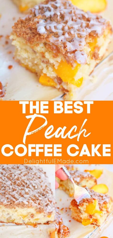 Peaches, fresh pecans and delicious crumb topping come together in this amazingly moist and easy coffee cake! Perfect for a morning treat, or an easy dessert. This cake will be your new favorite summer dessert! | Delightful E Made Peach Pie Filling Coffee Cake, Desserts To Make With Fresh Peaches, Peach Cream Cheese Coffee Cake, Baking With Fresh Peaches, Peach Cobbler Coffee Cake, Peach Sour Cream Coffee Cake, Baking With Canned Peaches, Peach Crumb Cake Recipe, Fruit Filled Coffee Cake