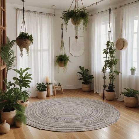 🌿✨ Cozy yoga space vibes with a round rug, wood floor, cushions, potted & hanging plants, candles, bamboo touches, soft lights, & sheer curtains. 🧘‍♂️💡🌱 #YogaRoom #ZenDecor #HomePlants #NaturalLight
#odastudioAI #odaAIstudio #odastudio
#bohodecor
#plantdecor
#naturalhomedecor
#homedecorideas
#cozyliving
#indoorplants
#minimalisthome
#bohemianstyle
#rustichomedecor
#brightspaces Bamboo Rug Living Room, Cozy Yoga, Space Vibes, Tranquil Home, Yoga Room Decor, Cozy Rugs, Yoga Space, Studio Inspiration, Zen Decor