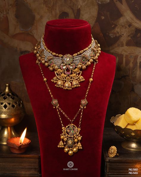 Shree - Festive Jewels’24 Elevate your festive look with the exquisite pairing of a 22kt gold heritage choker and lariat necklace, designed to capture the beauty of tradition with a modern twist. Address: Harit Zaveri Jewellers, Ground Floor, Akshar Complex, Shivranjani, Ahmedabad - 15 Contact: +919023724779 22kt Gold | Diamond | Polki Bridal & Dailywear Jewellery Follow @haritzaverijewellers_dailywear for Daily Wear Gold & Diamond Jewellery. Experience the Promise of Right Price on eve... Polki Jewellery Brides, Fantasy Jewellery, Bridal Necklace Designs, Indian Jewelry Earrings, Gold Jewellry, Heritage Jewellery, Bridal Diamond Jewellery, Gold Jewelry Stores, Antique Jewelry Indian