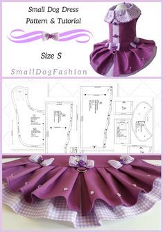 Small dog dress PDF Pattern & Tutorial - how to make dog dress. Dog Dress Design by SmallDogFashion #smalldogfashion #smalldog #dogdress #petshop #etsy #purple #dogfashion #sewingtutorial #pattern #sewingpattern #modapet #dogproducts #petclothes Girls Dress Tutorial, Dog Jacket Patterns, Small Dog Clothes Patterns, Dog Harness Pattern, Dog Tutu Dress, Dog Clothes Patterns Sewing, Dog Dress Pattern, Girl Dog Clothes, Small Dog Dresses