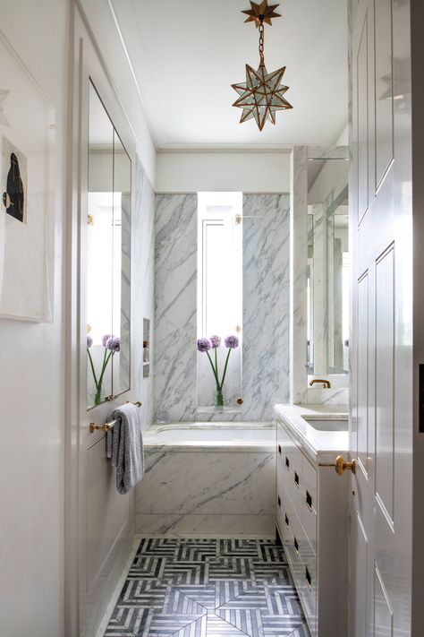 Art Deco Meets Beaux Arts In This Modern Manhattan Home Charles Edwards, Apartment Needs, Huge Library, Ann Sacks, Art Deco Bathroom, Contemporary Art Deco, Built In Bar, Manhattan Apartment, Deco Bathroom