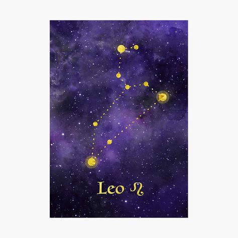 Get my art printed on awesome products. Support me at Redbubble #RBandME: https://www.redbubble.com/i/photographic-print/Leo-Zodiac-constellation-birthday-July-to-August-astronomy-astrology-horoscope-watercolour-space-painting-with-gold-effect-stars-font-and-symbol-by-Mindreader/25358849.6Q0TX?asc=u Leo Constellation Painting, Leo Canvas Painting Ideas, Leo Vibes Only Painting, Leo Painting Ideas, Leo Painting Zodiac, Horoscope Painting, Leo Painting, Watercolour Space, Leo Zodiac Constellation