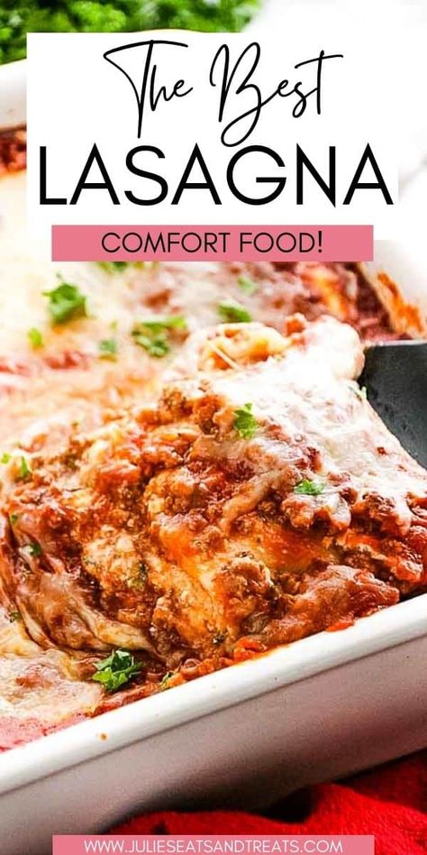 This homemade lasagna recipe is my Mom's recipe so you know it's delicious! Plus, it's quick and easy with an amazing flavor. It's full of ground beef, onion, spices, cottage cheese and Mozzarella cheese. It's been passed through our family and is still our go-to recipe. It will become that weathered, tattered recipe card that your family will smile when they see. Small Lasagna Recipe, Lasagna Recipe With Cottage Cheese, Best Homemade Lasagna, Homemade Lasagna Recipe, Lasagna With Cottage Cheese, Homemade Lasagna Recipes, The Best Lasagna, Best Lasagna, Best Lasagna Recipe