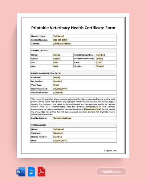 Printable Veterinary Health Certificate Form Pet Certificate, Record Template, Pet Health Record, Certificate Format, Health Record, Certificate Of Achievement Template, Cold Email, Vet Clinic, 90 Day Plan