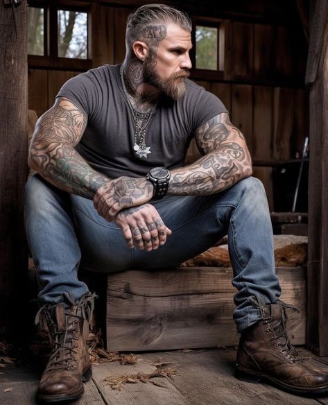 Rugged Motorcycle Style Men, Rugged Tattoo Men, Men’s Biker Style, Hot Biker Men, Ruffle Shirt Men, Biker Outfit Men, Biker Style Men, Lumberjack Men, Airy Styles