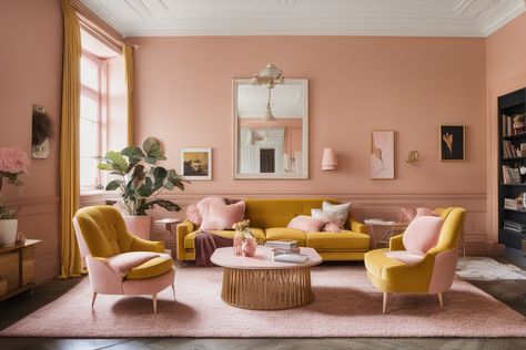 What Color Furniture Goes with Mustard Walls Pink Pictures, Pink And Mustard, Color Furniture, Mustard Walls, Millenial Pink, Room Walls, My Living Room, Colorful Furniture, I Know It