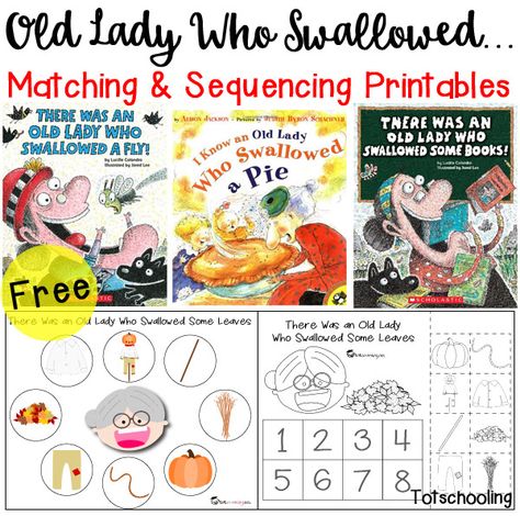 FREE printable matching and sequencing activities to go along with the book series Old Lady Who Swallowed..., including a fly, a pie, a bat, a bell, a shell, a chick, a rose, a clover, some leaves, some snow, some books. Great book activity for toddlers, preschool and kindergarten. Free Nursery Rhymes, Nursery Rhymes Preschool Crafts, Disney Lessons, Swallowed A Fly, Thanksgiving Activities Preschool, Moon Activities, Activity For Toddlers, Thanksgiving Preschool, Sequencing Activities