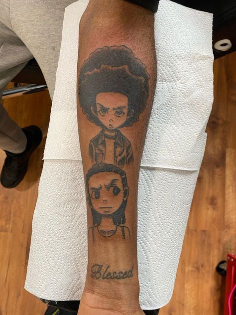 Tattoo is from a childhood series I grew up watching boondocks tv series. Riley Freeman Tattoo, Boondocks Tattoo, Riley Boondocks, Riley Freeman, Ref Hair, Tattoo Sleeve Filler, Sky Tattoos, Tattoo Portrait, The Boondocks