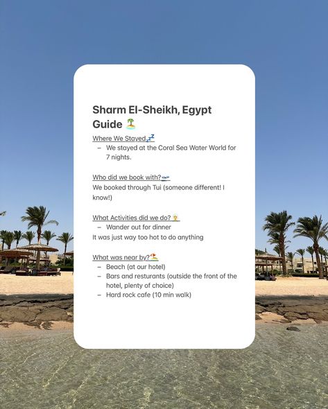 SHARM EL SHEIKH, EGYPT ALL INCLUSIVE GUIDE ✈️🏝️☀️📍🗺️ Here are the details from our all inclusive holiday to Egypt this summer. The most amazing place, stunning views, lovely hotel and a great price!! Feel free to screen shot and use for you trips ☀️ Follow for more content ❤️ Full blog available in the link in my bio 📲 @tuiuk @coralseawaterworld #travelblogger #egypt #sharmelsheikh #holiday #summerholiday #summerholidayideas #wheretostayegypt #egyptholiday #coralseawaterworld #corals... Sharm El Sheikh, Hard Rock Cafe, Summer Holiday, Do Anything, Screen Shot, Hard Rock, Travel Blogger, Egypt, The Good Place