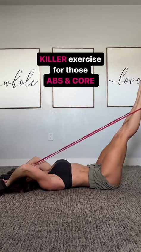 Adding a resistance band is a GAME CHANGER for this killer ab exercise. This left me sore for DAYS. Loop your band around a heavy set of dumbbells that are up by your head and then onto the back of your ankles. The band will *assist* you as you lift up into that hip raise. The band will also help you lower your legs back down. Hold onto the dumbbells as you lift your legs up using your abs and core. TRY FOR 8-12 reps & 2-3 sets HAVE FUN! | Home Workout | Home Workout · Original audio Resistance Band Ab Workout, Killer Ab Workouts, Fit And Fabulous, Resistance Band Workout, Gym Workout For Beginners, Belly Workout, Flexibility Workout, Flat Belly Workout, Stomach Workout