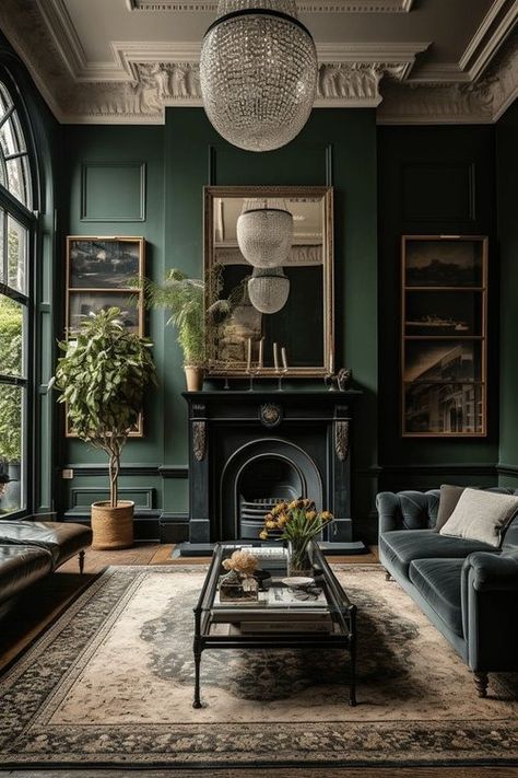 Design Home Trends of 2024 — GHD Color Drenching, Dark Living Room Ideas, Dark Green Living Room, Green Accent Walls, Dark Green Walls, Dark Living Rooms, Rooms Design, Color Coordination, Aesthetic Living Room