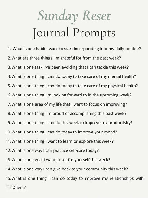 Sunday Reset Journal Prompts 🌸🤍 | Gallery posted by Michelle G. | Lemon8 Sunday Reset Journal, Sunday Reset Prompts, Sunday Evening Journal Prompts, Personal Journal Prompts, Sunday Night Journal Prompts, Daily Journal Prompts For Beginners, Beginning Of The Month Journal Prompts, Weekly Reset Journal Prompts, Saturday Journal Prompts