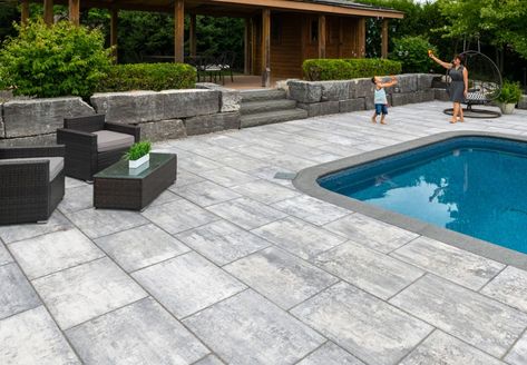 Contemporary pool deck with smooth pavers | Unilock Pool Patio Ideas, Pool Deck Tile, Pool Deck Ideas Inground, Pool Decking Concrete, Travertine Pool Decking, Pool Deck Decorations, Inground Pool Landscaping, Pool Pavers, Travertine Pool