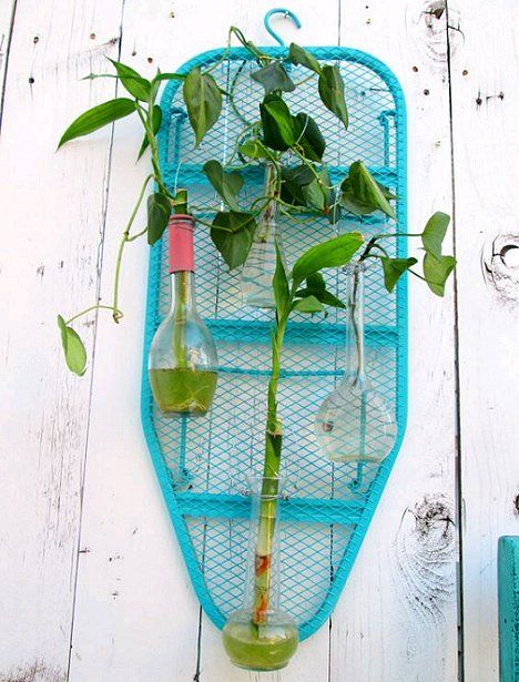 Dishfunctional Designs: Upcycled Ironing Boards: New Uses For Old Ironing Boards Repurposed Ironing Board, Table Top Ironing Board, Diy Ironing Board, Vintage Ironing Boards, Old Ironing Boards, Wooden Ironing Board, Ideas Jardin, Metal Plant Hangers, Diy Balcony