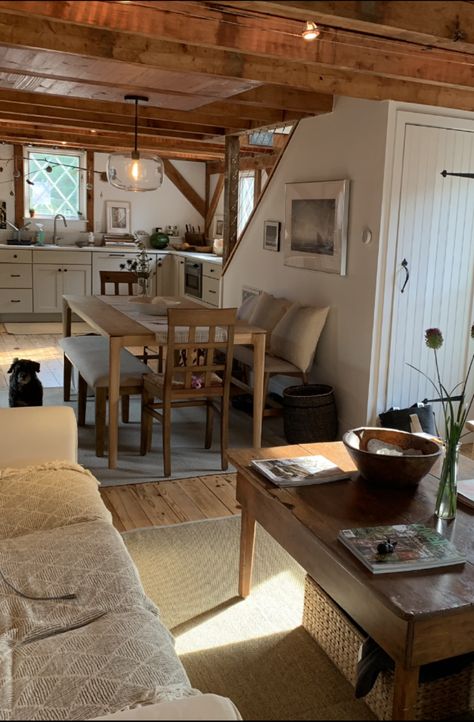 White Cabin Aesthetic, Cabin Additions Layout, Kitchen Ideas For Cabin, Wood Stove Under Stairs, Modern Colonial Bedroom Ideas, Farmhouse Ranch Style Homes Interior, Books Stacked On Floor Aesthetic, French Country Tiny House, A Frame Loft Ideas