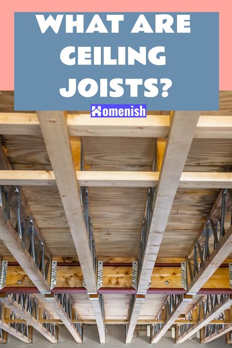 So, what’s a ceiling joist, and what does it do in our home? This article discusses ceiling joists, their functions, sizes, and types. You’ll also learn how to find a ceiling joist and if you can cut through one in preparation for a major home improvement project. Exposed Ceiling Joists Kitchen, Exposed Floor Joist Ceiling, Floor Joist Ceiling, Joists Ceiling, Ceiling Joists Framing, Drywall Between Ceiling Joists, How To Install Drop Ceiling In Basement, Joist Ceiling, Exposed Beams Ceiling