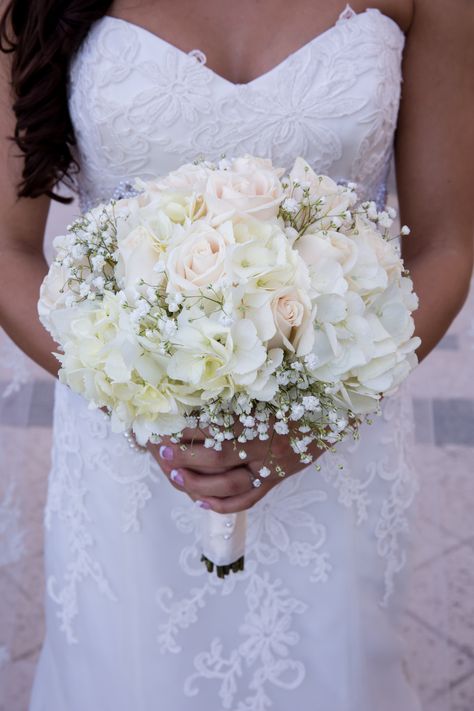 White Rose, Hydrangea and Baby's Breath Bouquet White Hydrangea Bouquet, Baby's Breath Bouquet, Homecoming Flowers, Hydrangea Bouquet Wedding, Rose Bridal Bouquet, Bridesmaid Saree, Cherry Blossom Wedding, Wedding Bouquets Bride, Hydrangea Bouquet