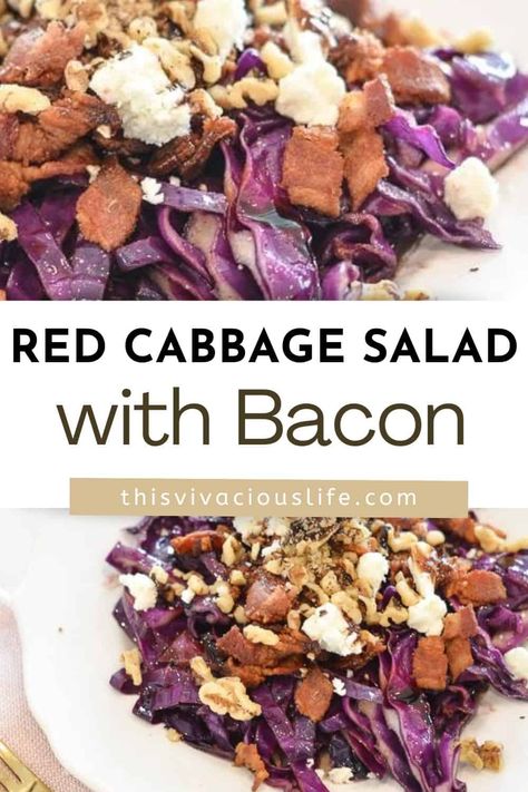 This red cabbage salad is topped with crispy bacon, feta cheese, and walnuts for a delicious and easy dinner or side dish. Made in under 15 minutes with 6 simple ingredients, this is going to be your new go-to salad recipe. Fried Red Cabbage, Red Cabbage With Bacon, Lemon Pepper Pork Chops, Sauteed Red Cabbage, Cooked Red Cabbage, Cabbage And Onions, Cabbage With Bacon, Cabbage Side Dish, Red Cabbage Recipes