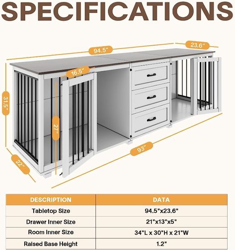 The large dog crate's oversized 95" x 24" tabletop can hold up to 60 pounds. 
The heavy duty dog crate is equipped with 3 drawers in the upper part of the crate, which is plenty of room to store dog toys, leashes and other supplies.
The crate cage bars are made of rugged steel. Your pet will have a full 180-degree view of the full room when inside. Dog crate doors are equipped with door locks. The bottom feet have felt that is designed to prevent slipping and scratching of floors. Heavy Duty Dog Crate, Diy Dog Crate, Wooden Dog Kennels, Wooden Dog Crate, Dog Kennel Furniture, Crate Table, Large Dog Crate, Diy Dog Bed, Dog Crate Furniture