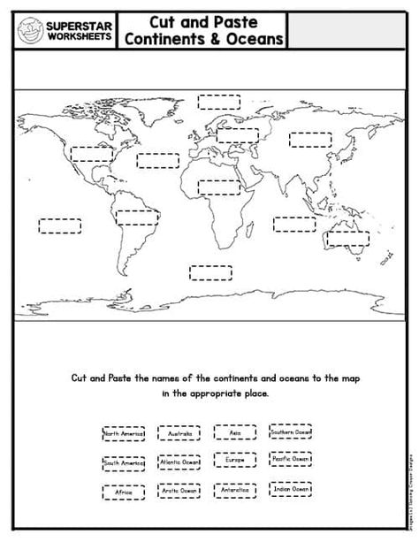 Our Seven Continents and Oceans Worksheets are a passport to fun and learning for your students' growing minds. These world map worksheets will help them learn the seven continents and 5 oceans that make up this beautiful planet. Geography opens beautiful new doors to our world. Download these free printable worksheets and get your expand your students' horizons. The Seven Continents Worksheet, World Map Continents And Oceans, Continents Worksheet Free Printable, Continent Worksheets Free Printable, World Map Worksheets Free Printable, Ocean And Continents Activities, Oceans Of The World Worksheet, Blank Map Of Continents And Oceans To Label, Blank Continent And Ocean Map