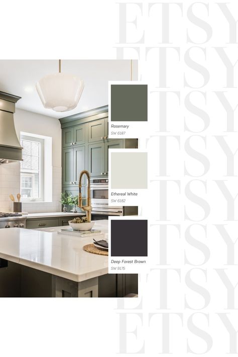 Green is the new black! Order your Sherwin Williams Rosemary color palette and guide today! www.etsy.com/shop/InteriorDesignsbyJM Sherwin Williams Woody Rosemary, Sherwin Williams Paint Colors Rosemary, Rosemary By Sherwin Williams, Sherwin Williams Rosemary Coordinating Colors, Sherwin Williams Rosemary Cabinets, Design Palette, Paint Color Palettes, Paint Palette, Shop Interior