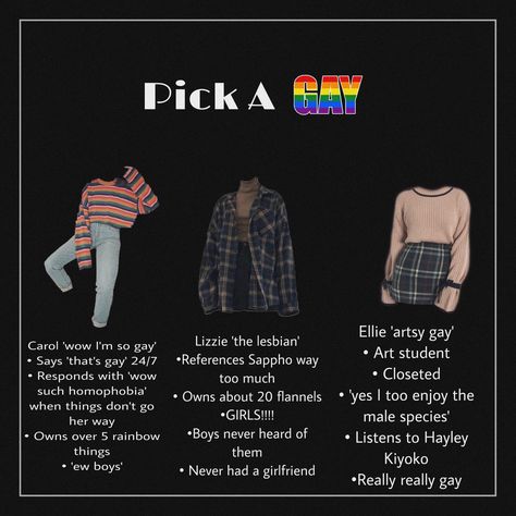 3cute gay outfits Lgbtq Style Outfits, Lgbtq Fashion Aesthetic, Fruity Outfit Ideas, Pride Lesbian Outfit, Stereotypical Lesbian Outfit, Lgbtq Outfit Ideas, Lgbtq Outfits Aesthetic, How To Dress Gay In Winter, Cute Outfits To Impress Your Crush