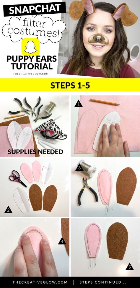 How to make puppy ears headband for snapchat puppy filter costume!   #halloween #snapchatcostumes #puppyfiltercostume Diy Dog Ears, Toddler Dog Costume, Dog Ears Costume, Puppy Costume For Kids, Dog Ears And Tail, Puppy Ears Headband, Dog Ear Headband, Dalmation Ears, Headband Template