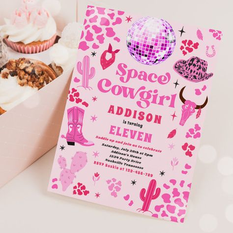 Disco Space Cowgirl Pink Rodeo Birthday Party for $3.08 - Birthday Invitations Space Cowgirl Birthday, Disco Space Cowgirl, Cowgirl Birthday Party Invitations, Rodeo Birthday Party, Rodeo Birthday Parties, Neon Birthday, Rodeo Birthday, Cowgirl Birthday Party, Space Cowgirl